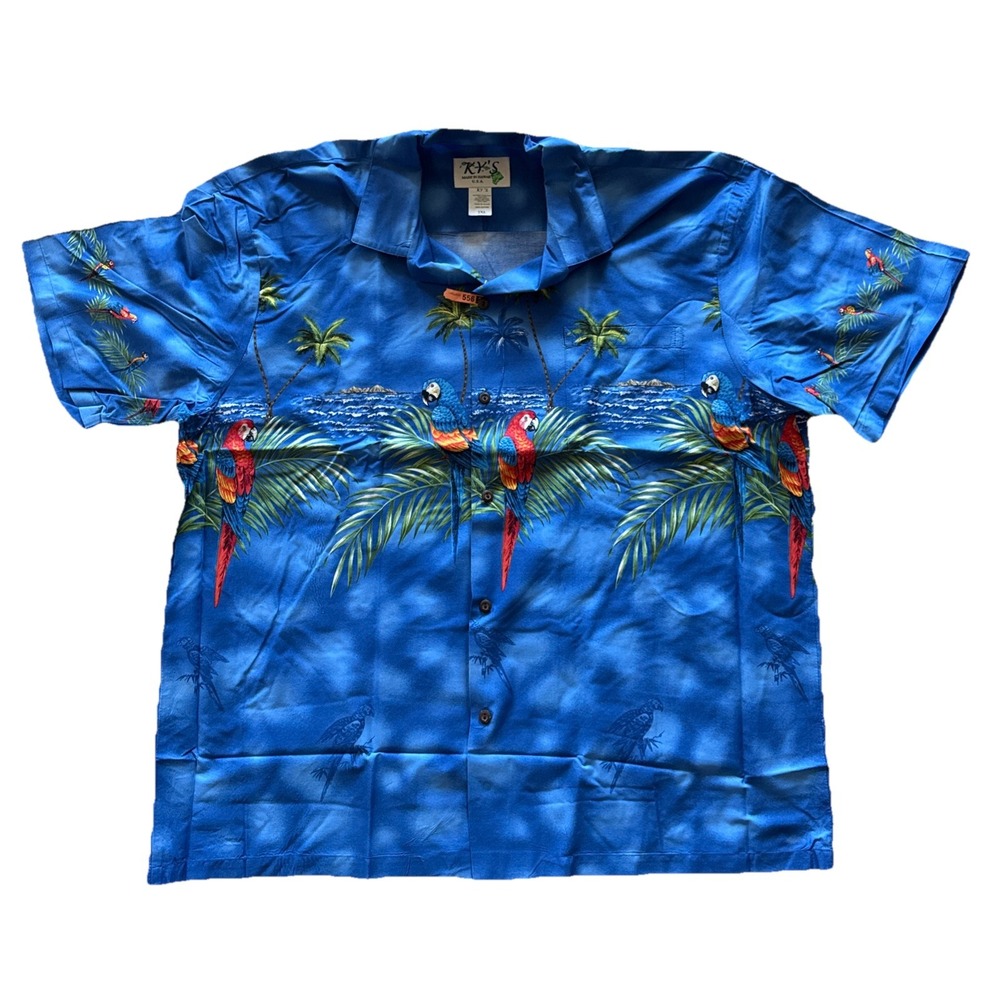 Vtg KY'S Hawaiian Button Up Aloha Shirt Parrot‎ Palms Size 2XL Blue USA EUC